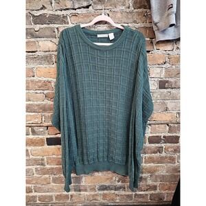 Claiborne Sweater Mens Large Green Cotton Waffle Knit Crewneck Pullover Casual